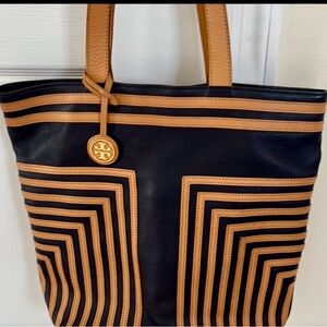 Rare! Tory Burch Navy/Tan Leather Tote